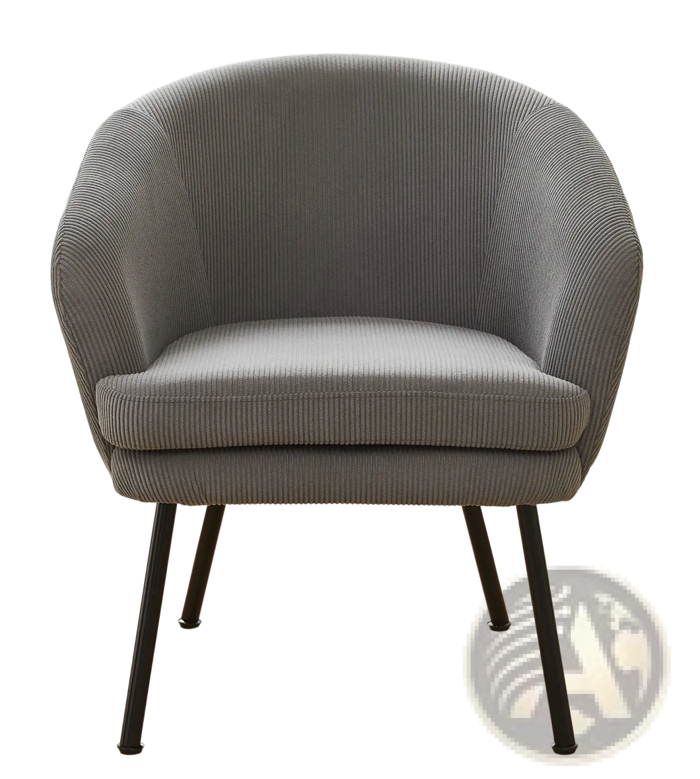 Gray corduroy barrel chair with black metal legs featuring a textured fabric and sturdy modern design