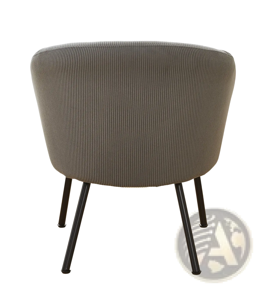Gray corduroy barrel chair with black metal legs featuring a curved back and textured fabric upholstery