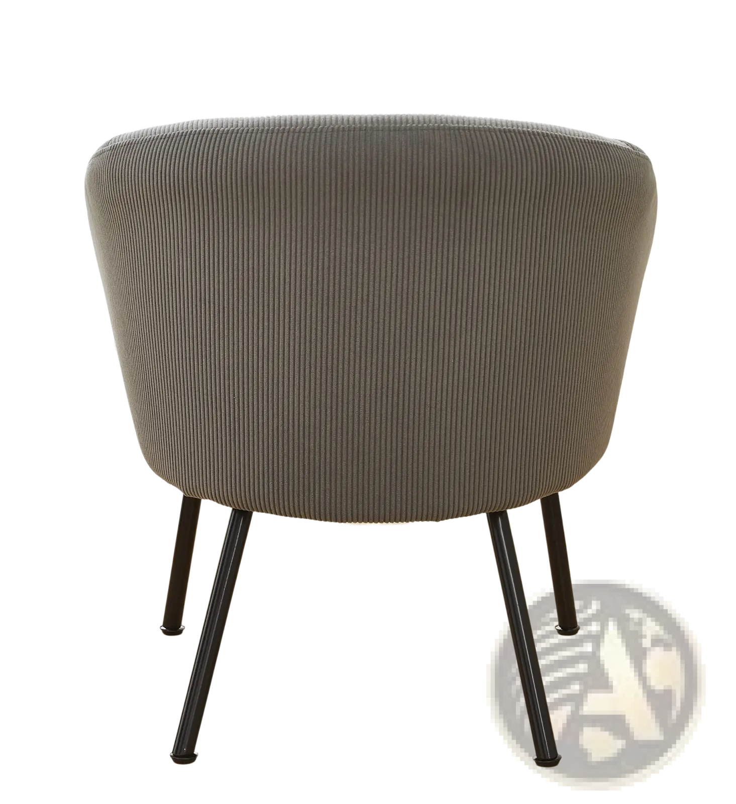 Gray corduroy barrel chair with black metal legs featuring a curved back and textured fabric upholstery