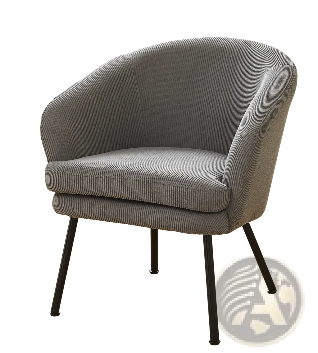 Gray corduroy barrel chair with black metal legs featuring soft textured fabric and sturdy modern design