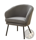 Gray corduroy barrel chair with black metal legs featuring soft textured fabric and sturdy modern design