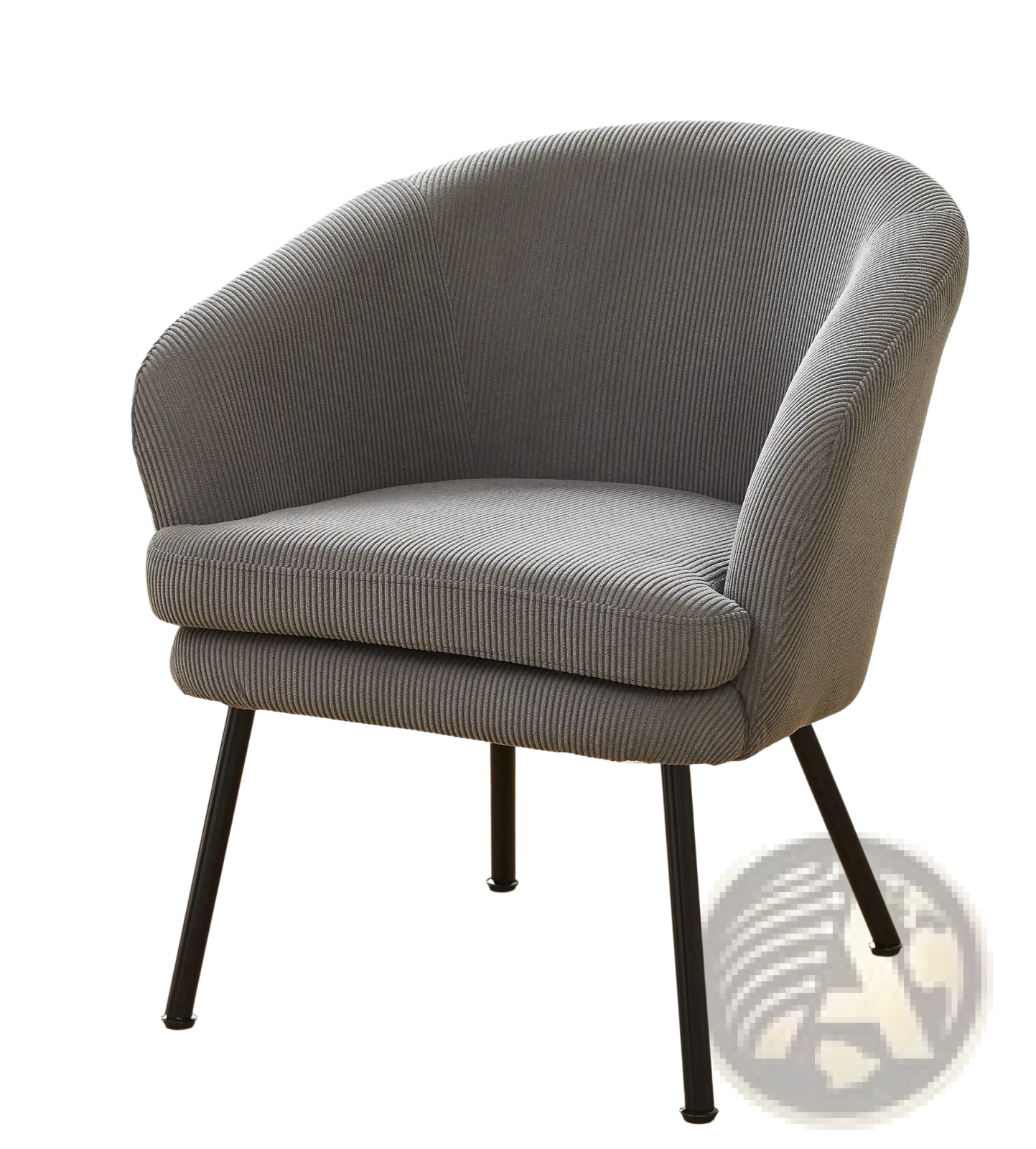 Gray corduroy barrel chair with black metal legs featuring soft textured fabric and sturdy modern design