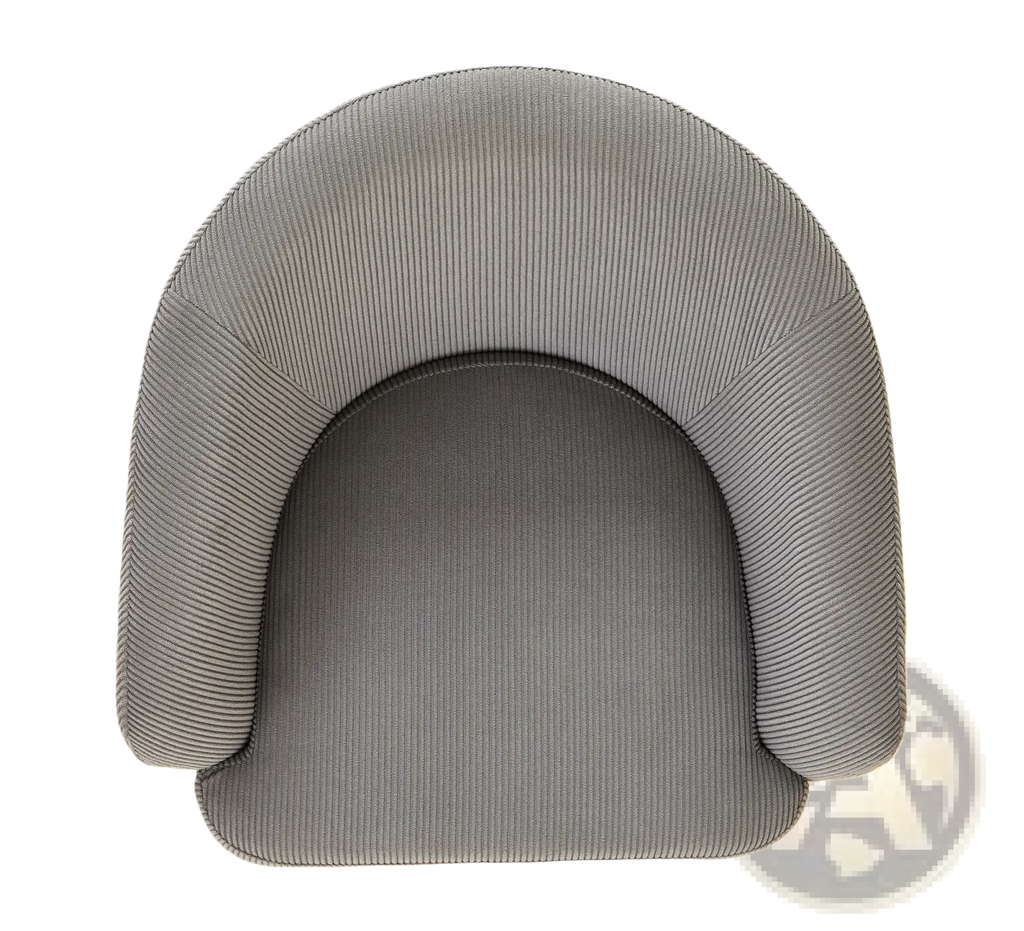 Gray corduroy barrel chair with black metal legs featuring a curved cozy design and ribbed fabric upholstery