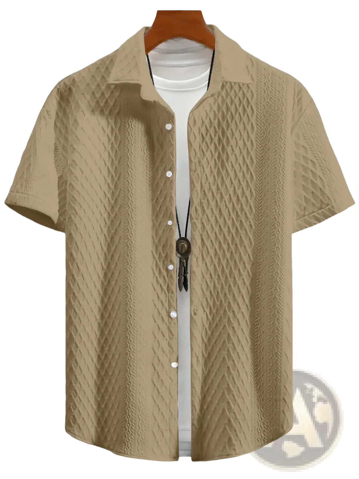 Beige short-sleeved button-up shirt with a textured diamond pattern suitable for casual wear