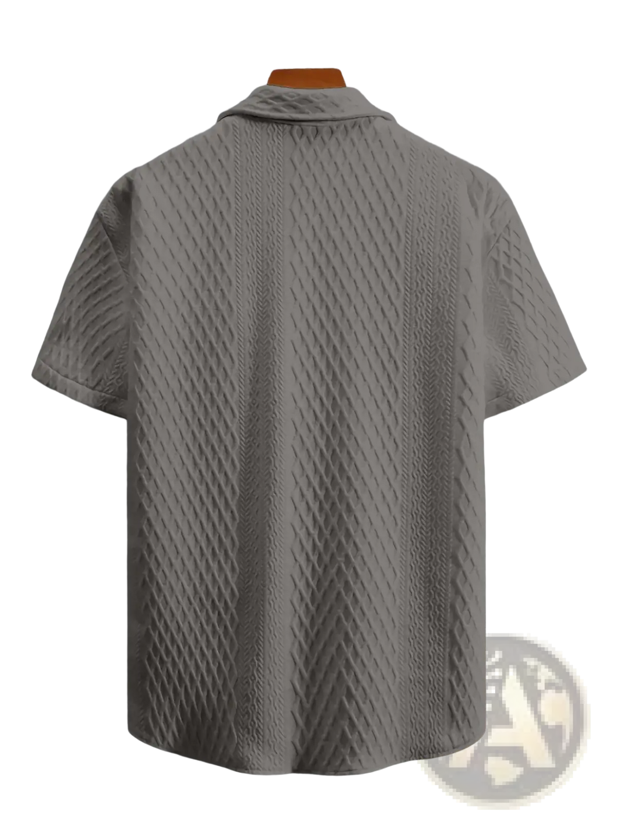 Gray diamond knit short sleeve shirt in light gray with textured pattern and collar displayed on an orange hanger