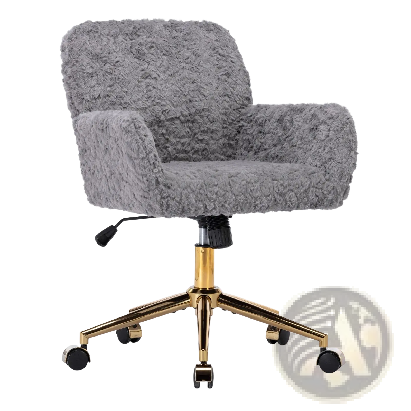 Gray faux fur office chair with gold-tone metal base and casters designed for stylish workspace seating