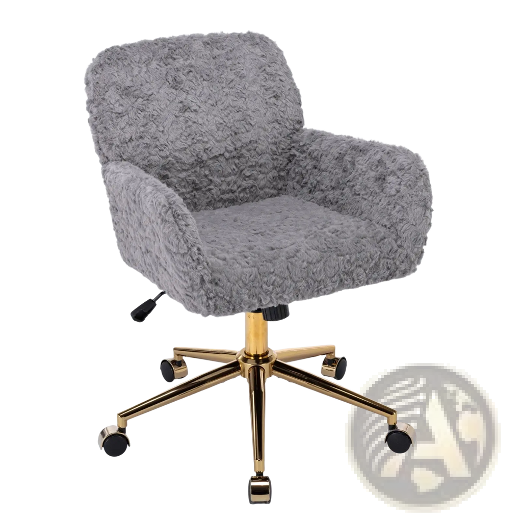 Gray faux fur office chair with a fluffy texture, gold metal base, and casters for mobility