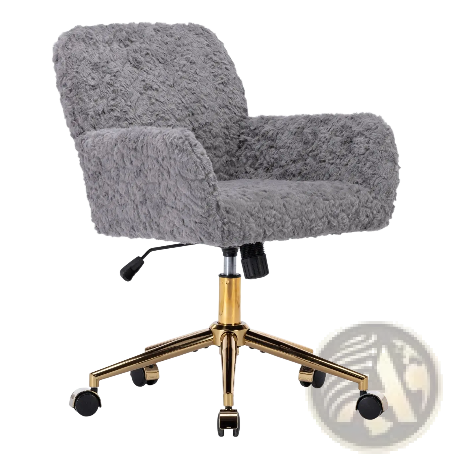 Gray faux fur office chair with fluffy upholstery, gold metal base, and black casters for mobility