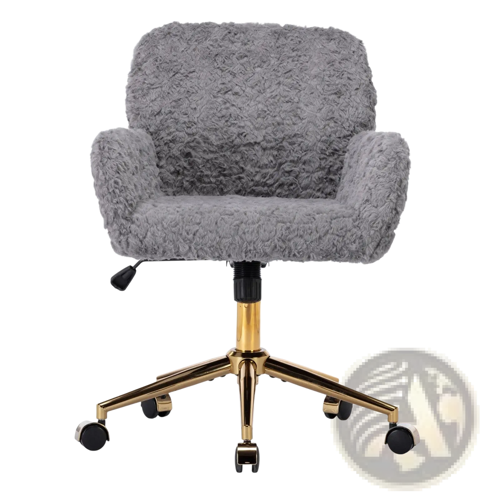 Gray faux fur office chair with fluffy texture and gold metal base with casters for mobility
