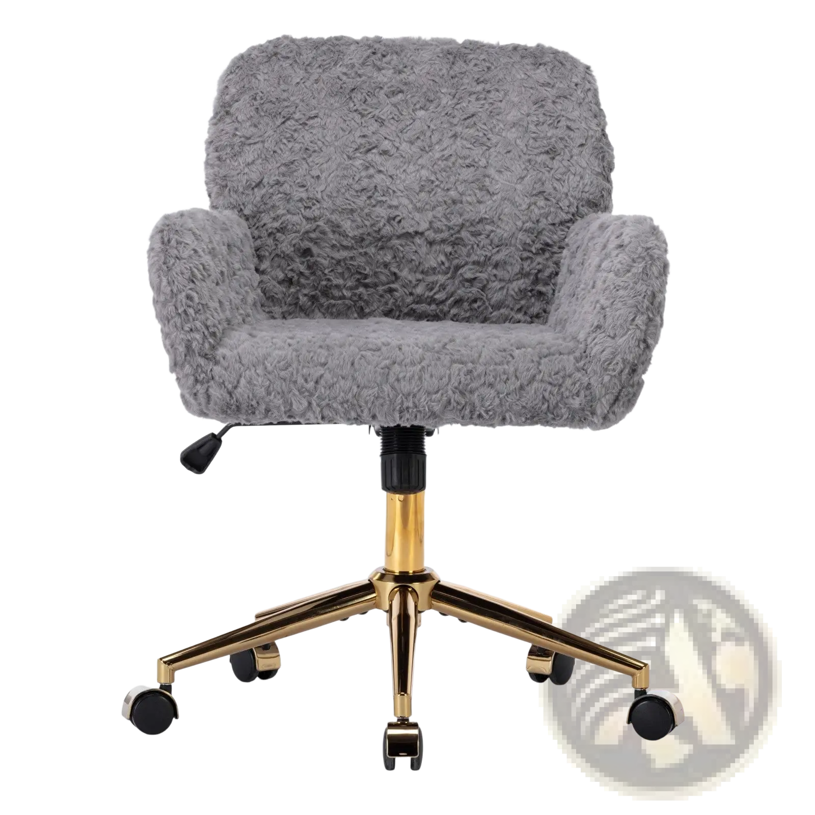 Gray faux fur office chair with fluffy texture and gold metal base with casters for mobility