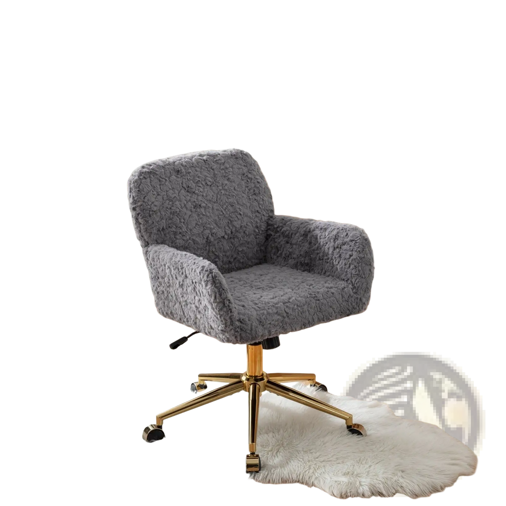 Gray faux fur office chair featuring a plush seat with a gold-tone metal five-star base and casters for mobility
