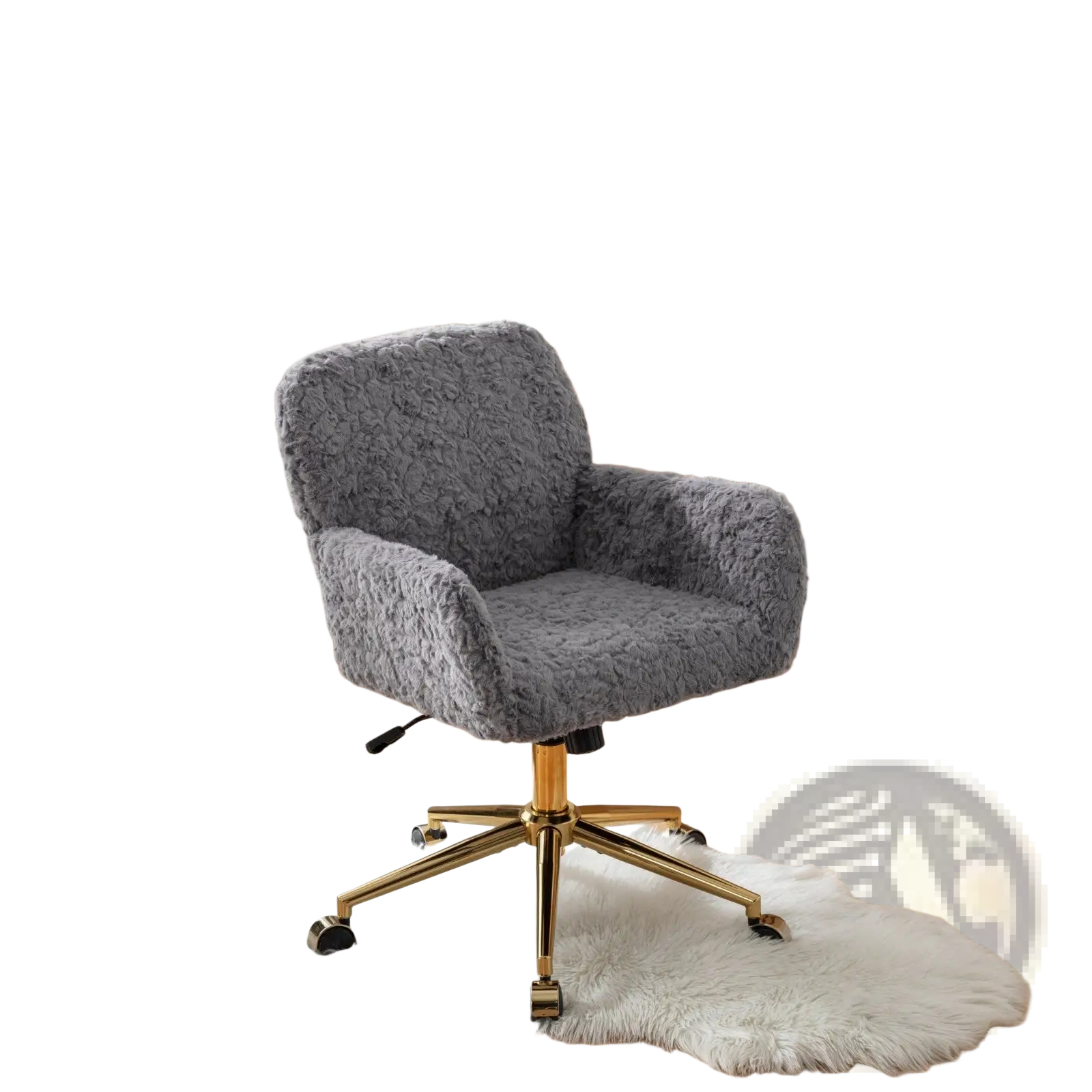 Gray faux fur office chair featuring a plush seat with a gold-tone metal five-star base and casters for mobility