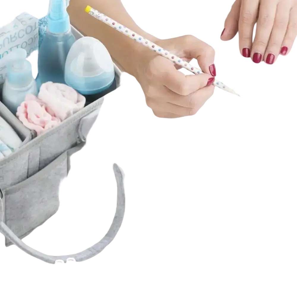 Gray felt diaper caddy organizer tote with multiple compartments and a carrying handle for easy storage and transport