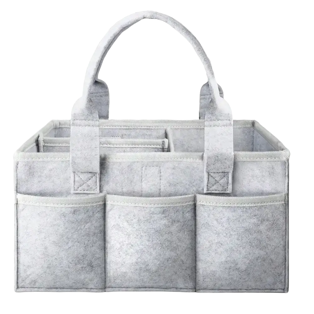 Gray felt diaper caddy organizer tote with multiple compartments and sturdy handles for efficient storage