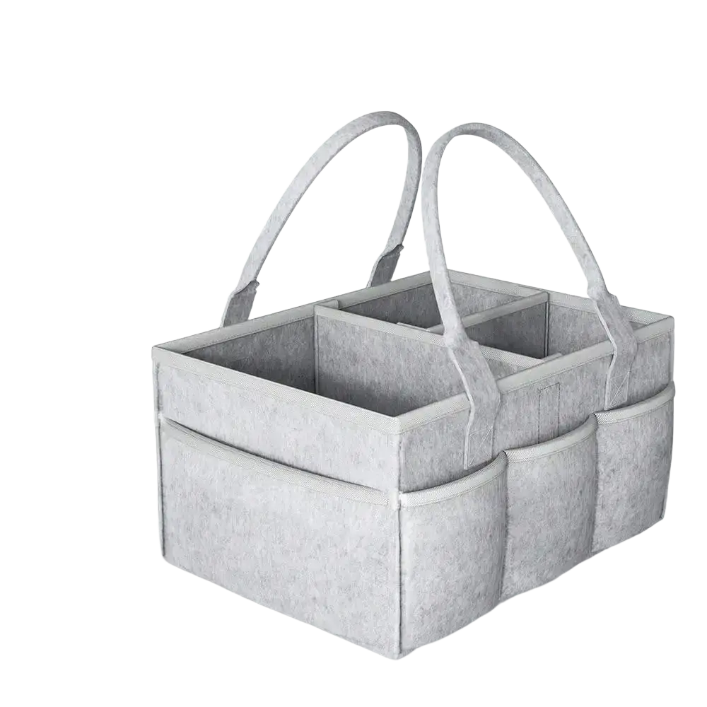 Gray felt diaper caddy organizer tote with two handles and multiple compartments for baby essentials storage