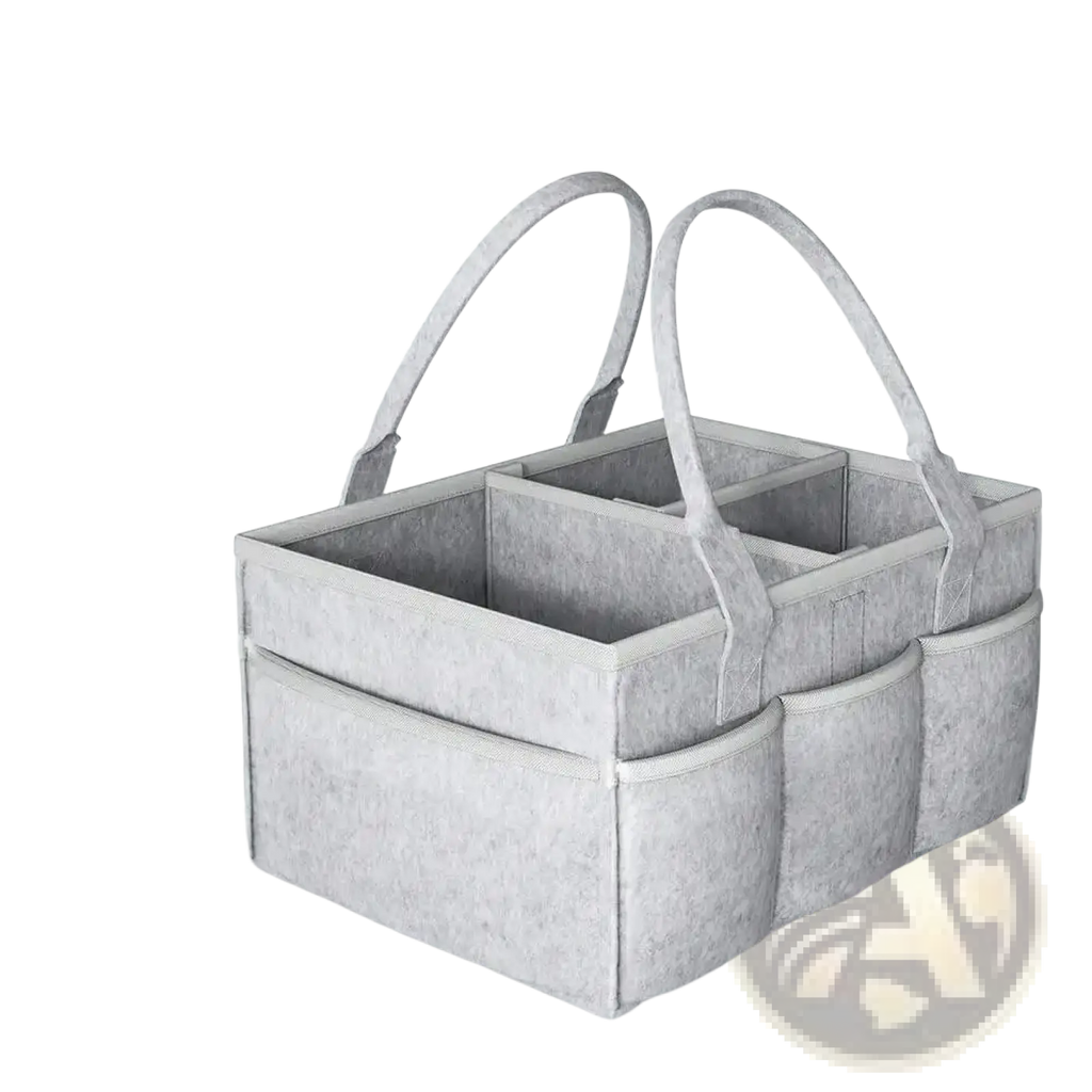 Gray felt diaper caddy organizer tote with two handles and multiple compartments for baby essentials storage