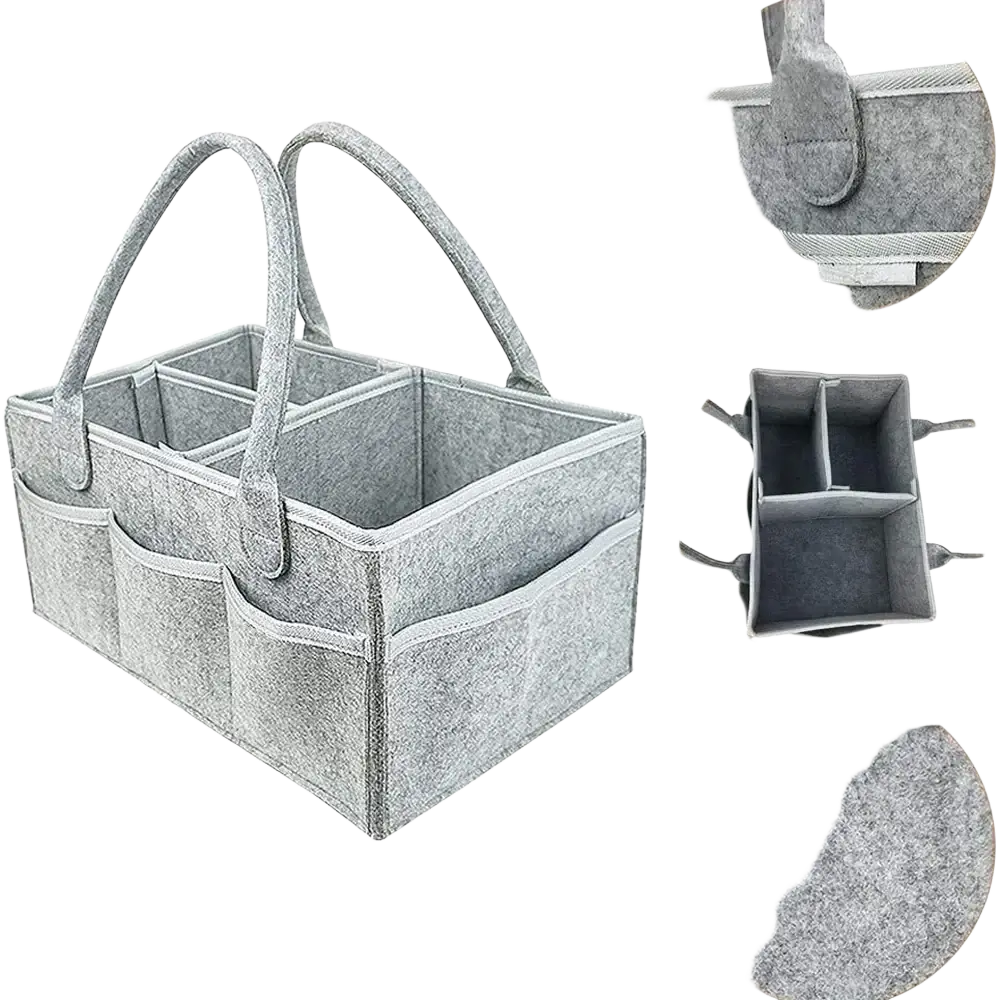 Gray felt diaper caddy organizer tote bag with dual handles and multiple compartments for easy storage and transport