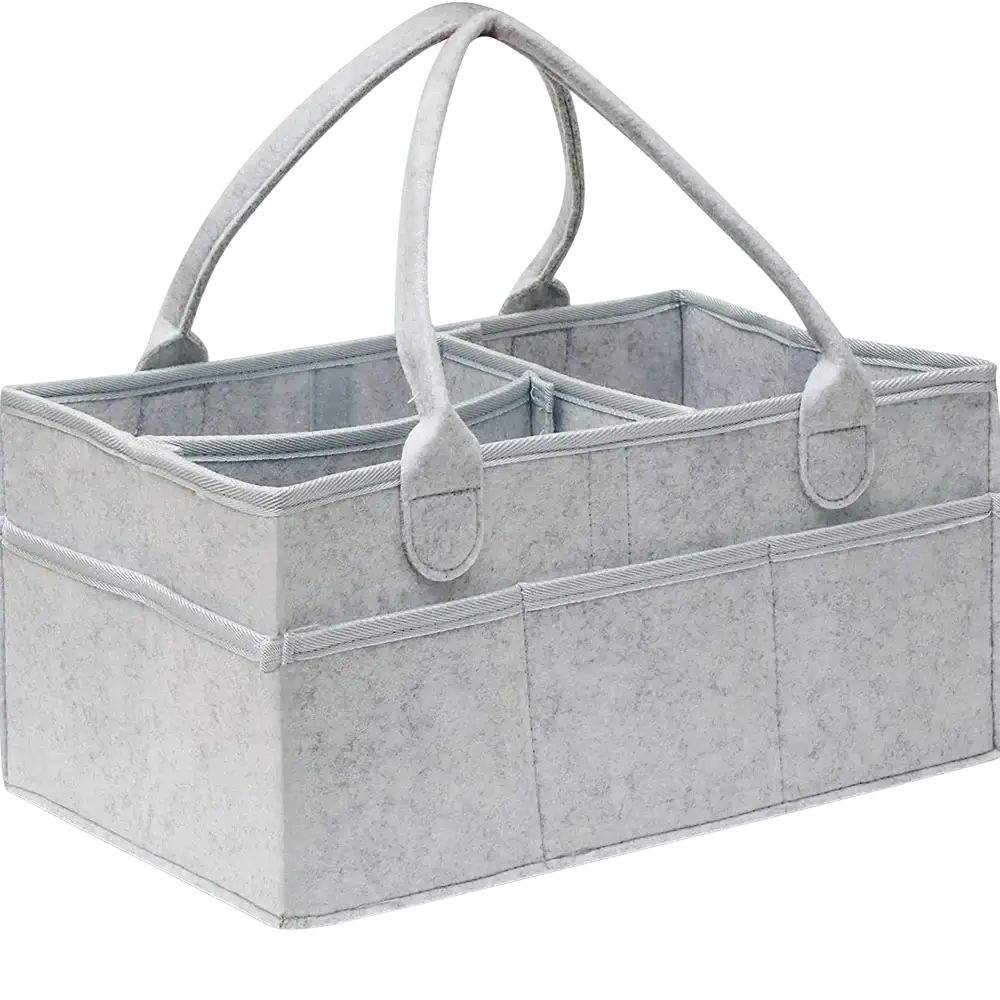 Gray felt diaper caddy organizer tote bag with two arched handles and multiple compartments for storage
