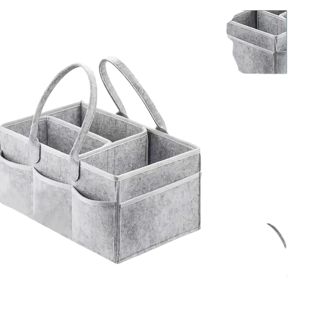 Gray felt diaper caddy organizer tote bag with two handles and multiple compartments for easy storage