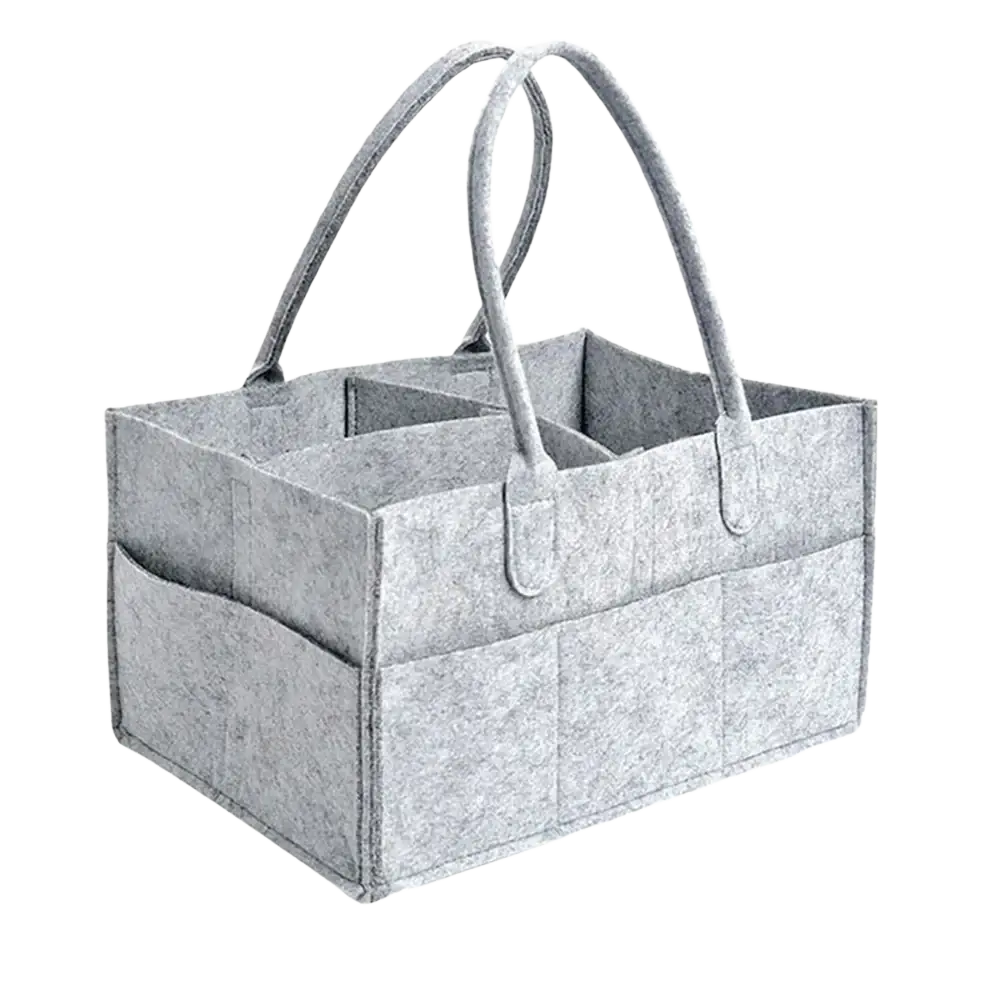 Gray felt diaper caddy organizer tote bag with dual handles and multiple compartments for convenient storage