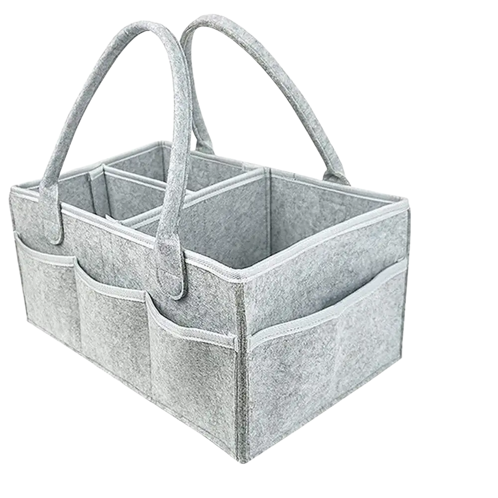 Gray felt diaper caddy organizer tote bag with two arched handles and multiple compartments for storage