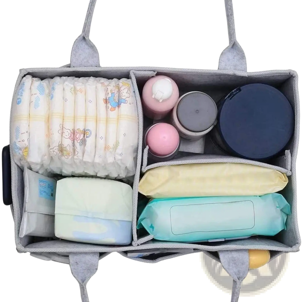 Gray felt diaper caddy organizer tote bag with multiple compartments holding baby supplies for easy organization