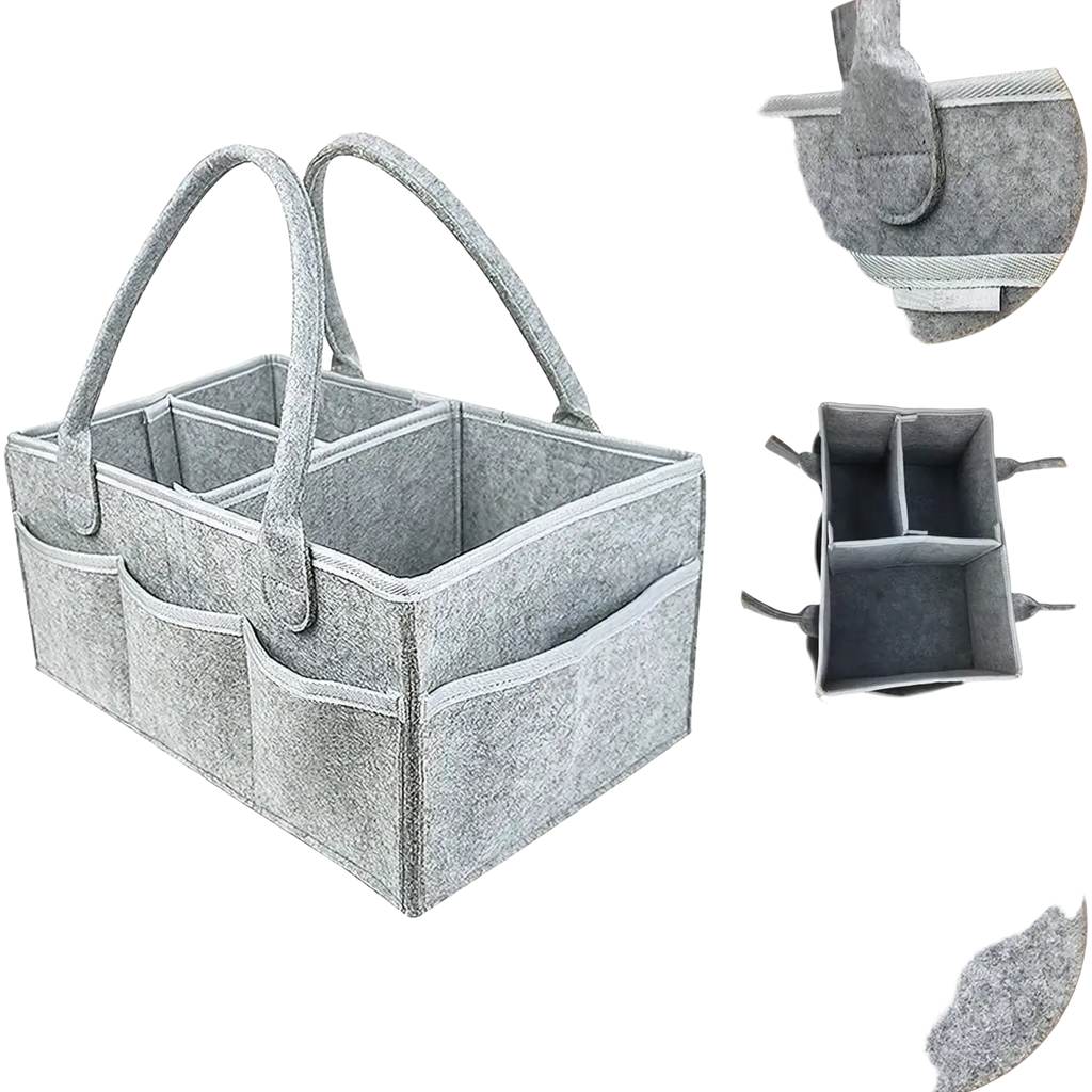 Gray felt diaper caddy organizer tote bag with dual handles and multiple compartments for easy storage