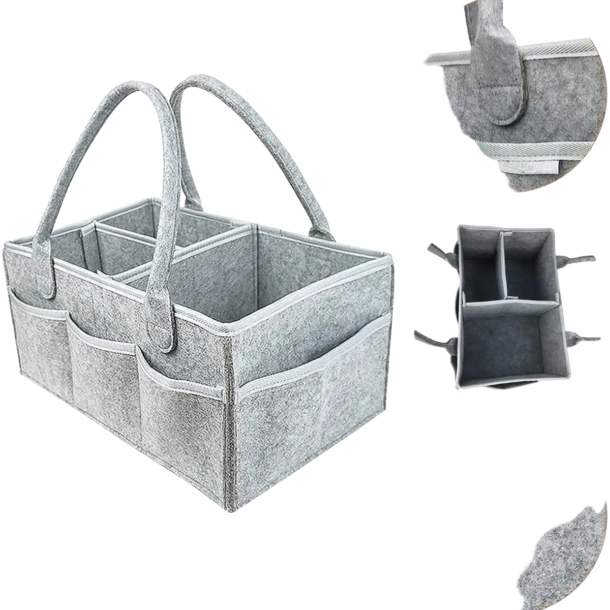 Gray felt diaper caddy organizer tote bag with dual handles and multiple compartments for easy storage