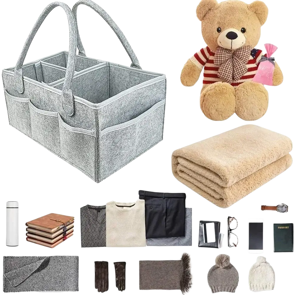 Gray felt diaper caddy organizer tote bag with dual handles and multiple compartments for efficient storage
