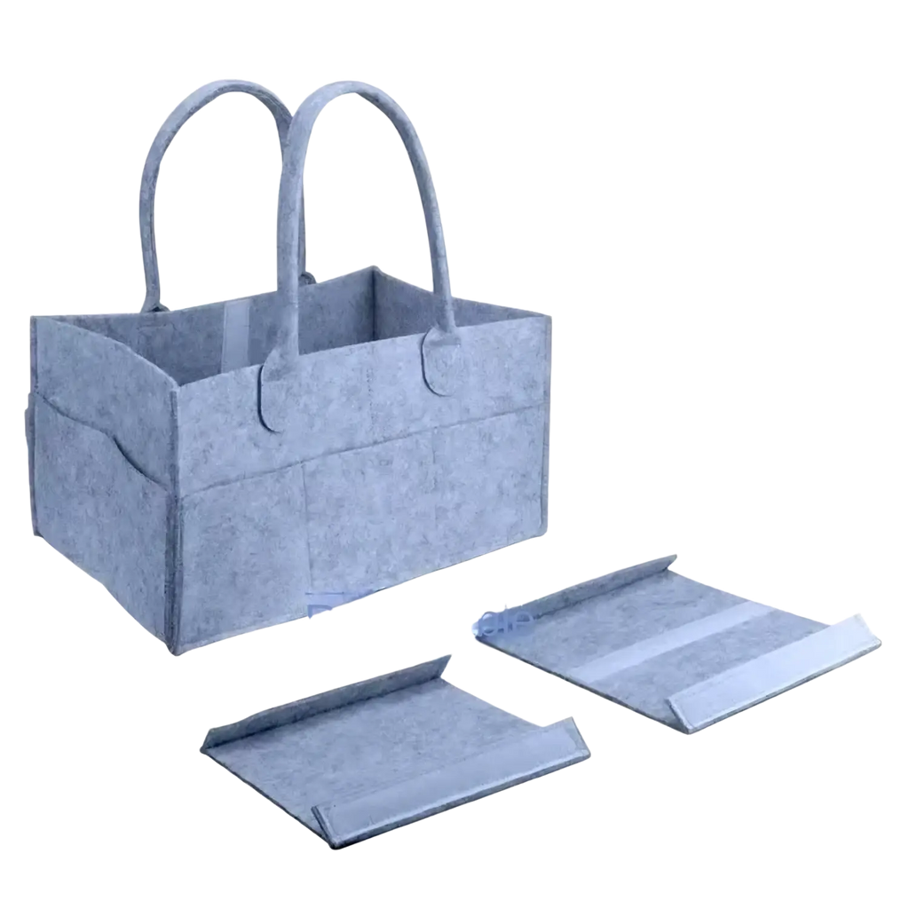 Gray felt diaper caddy organizer tote bag with two handles and removable trays for convenient storage and portability