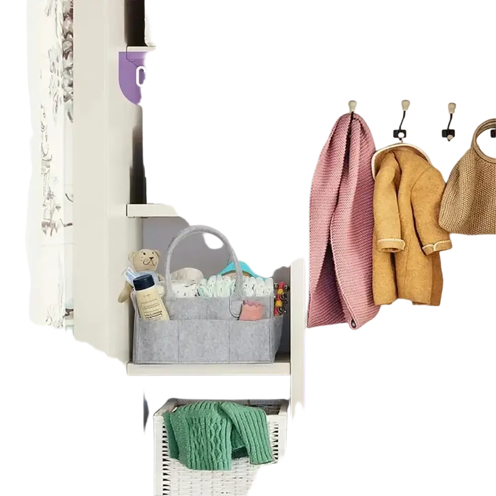 Gray felt diaper caddy organizer tote bag with multiple compartments and a handle for baby essentials storage