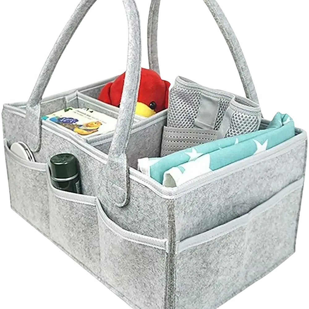 Gray felt diaper caddy organizer tote bag with multiple compartments and handles for easy baby changing storage