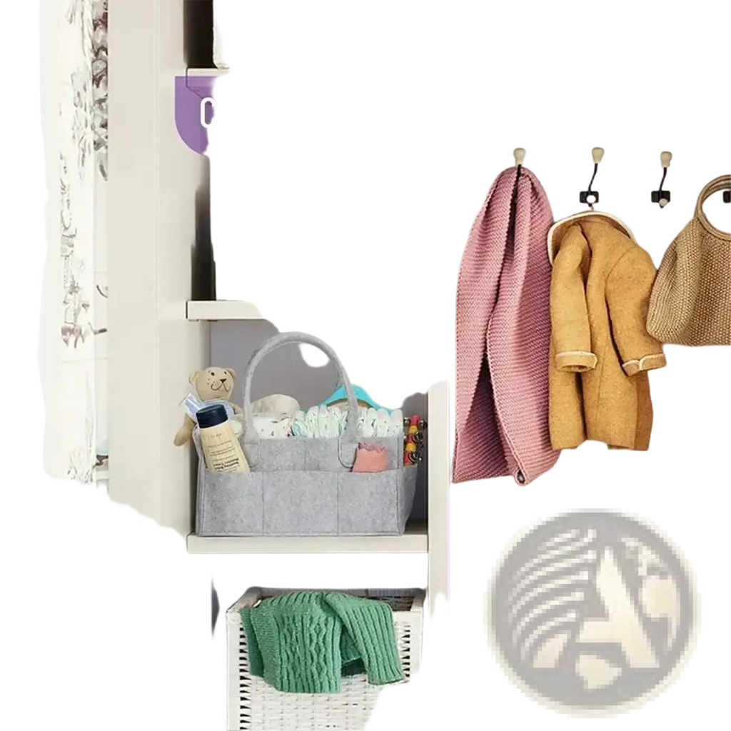 Gray felt diaper caddy organizer tote bag with multiple compartments and a handle for baby essentials storage