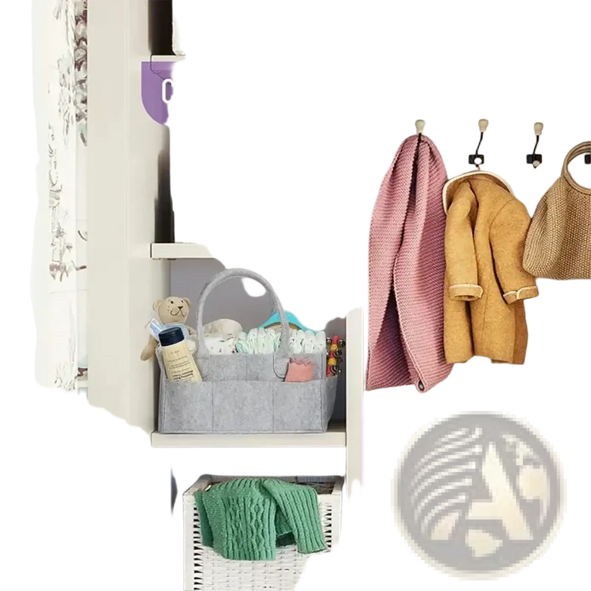 Gray felt diaper caddy organizer tote bag with multiple compartments and a handle for baby essentials storage