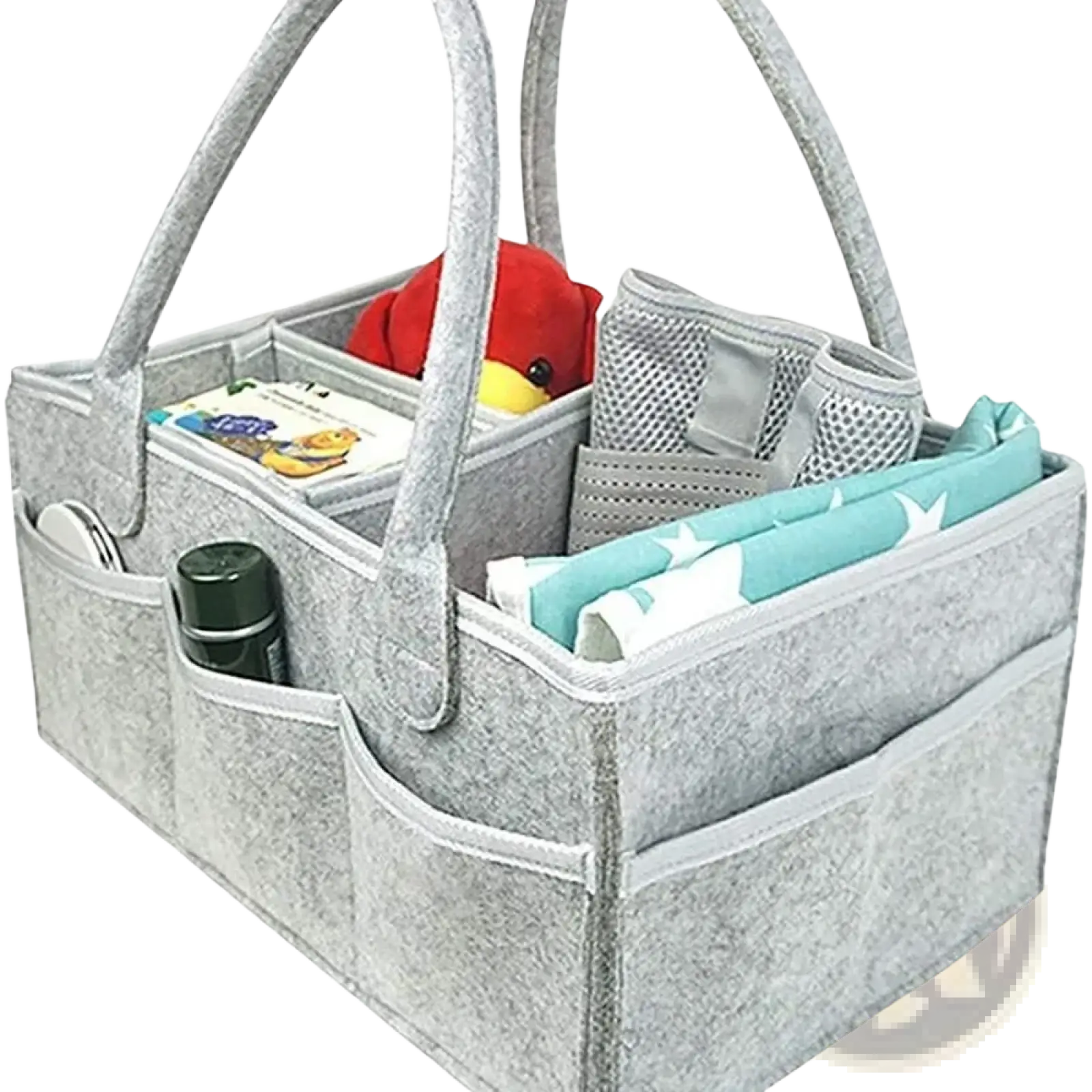 Gray felt diaper caddy organizer tote bag with multiple compartments and handles for easy baby changing storage
