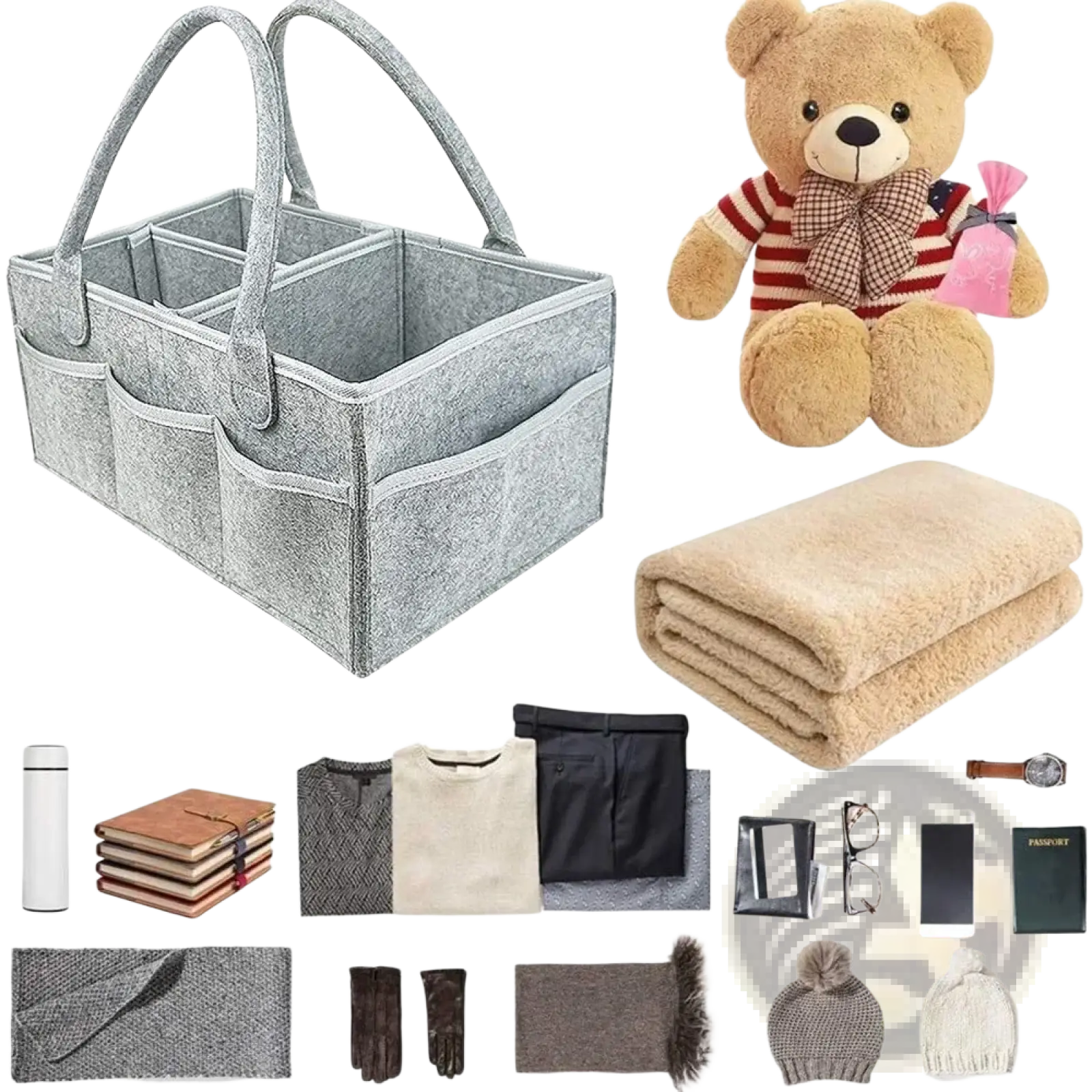 Gray felt diaper caddy organizer tote bag with dual handles and multiple compartments for efficient storage