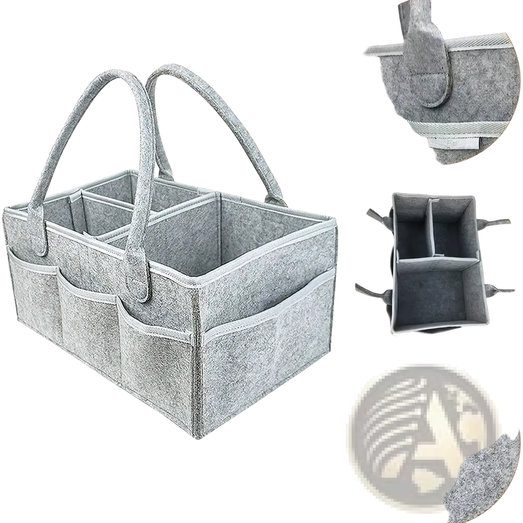 Gray felt diaper caddy organizer tote bag with dual handles and multiple compartments for easy storage