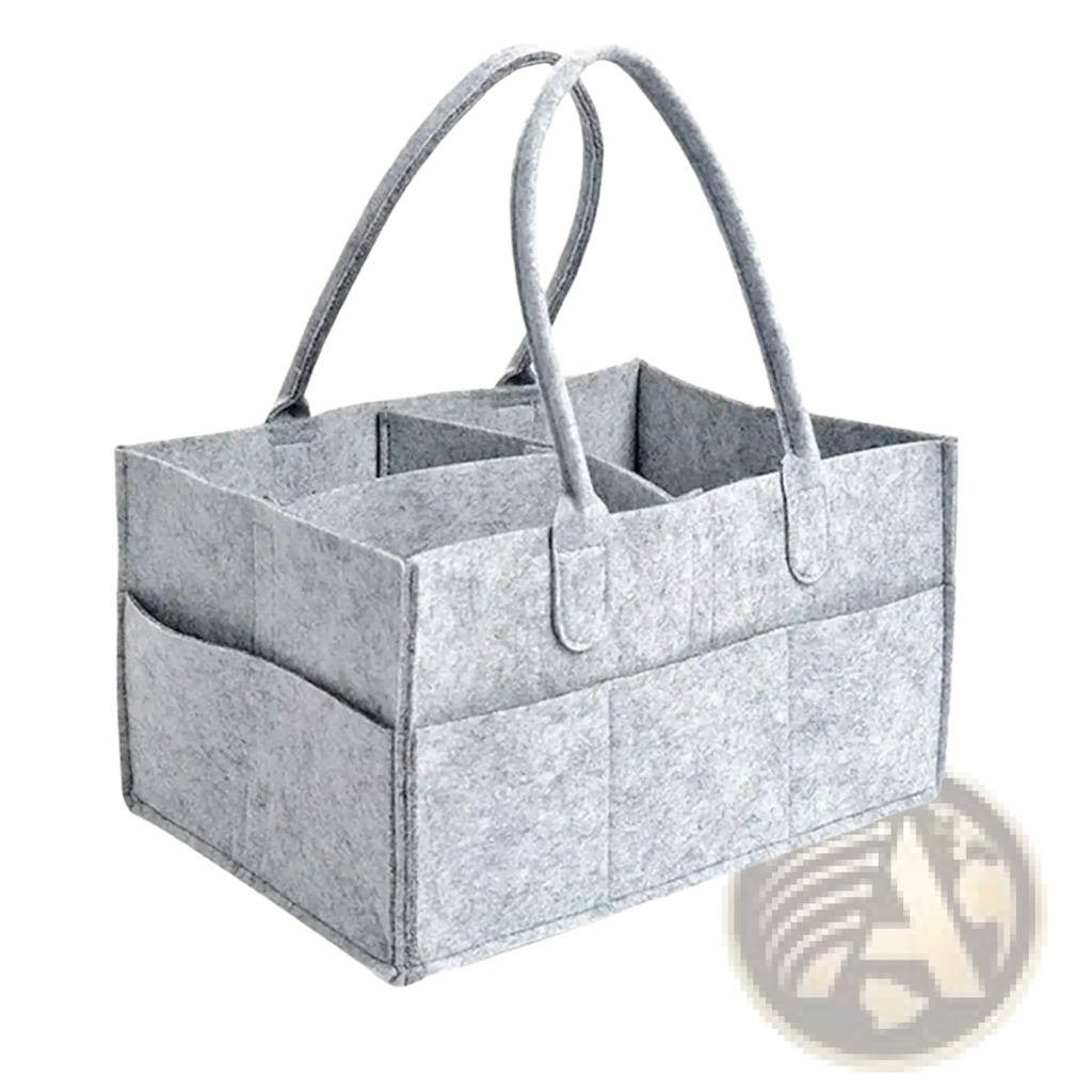 Gray felt diaper caddy organizer tote bag with dual handles and multiple compartments for versatile storage