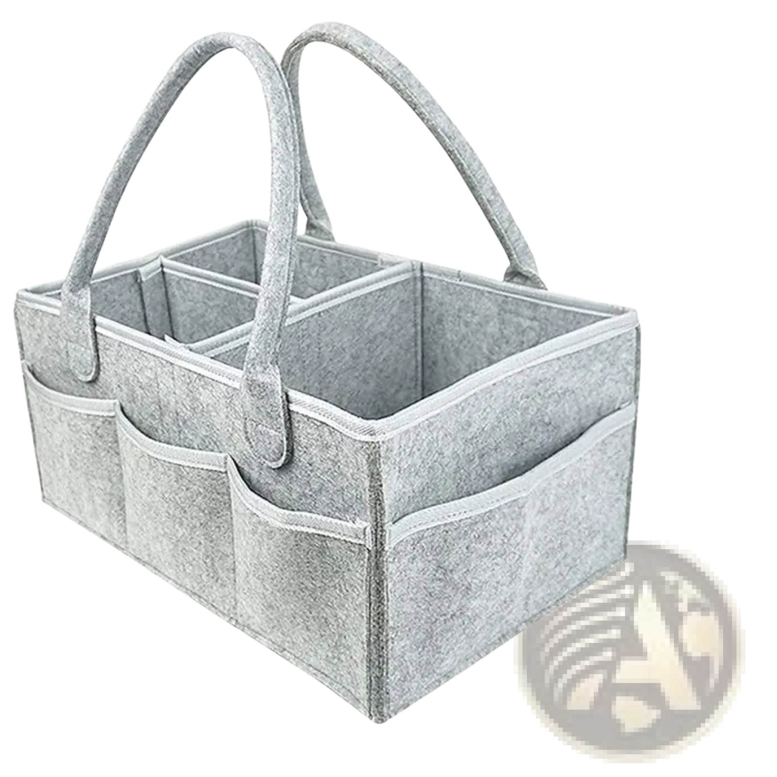 Gray felt diaper caddy organizer tote bag with two arched handles and multiple compartments for storage