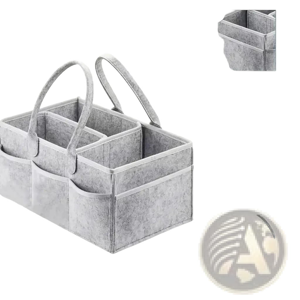 Gray felt diaper caddy organizer tote bag with two handles and multiple compartments for easy storage