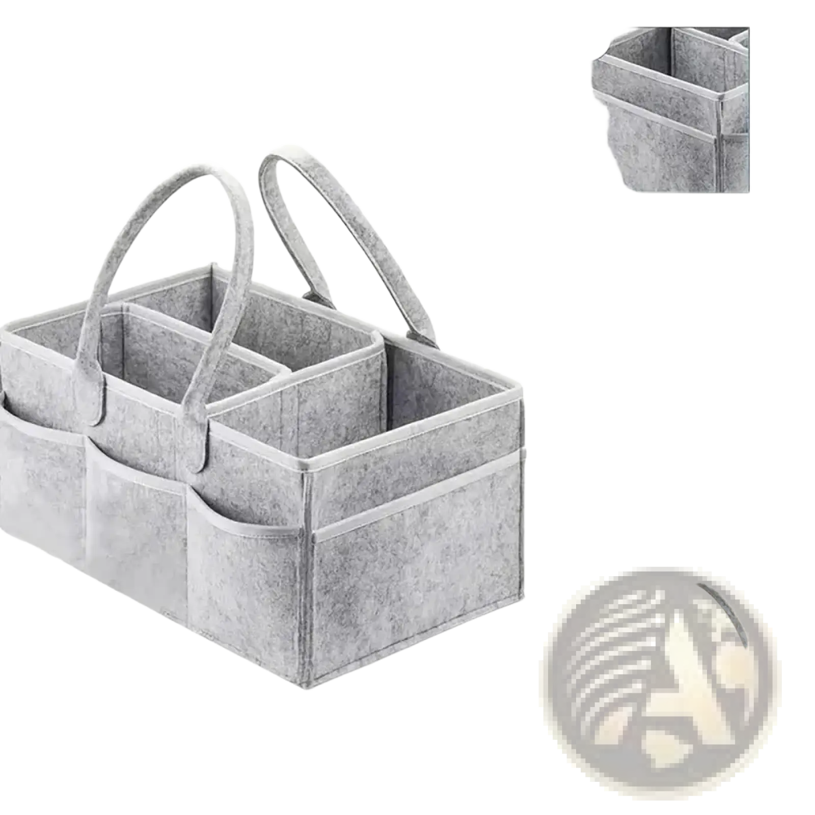 Gray felt diaper caddy organizer tote bag with two handles and multiple compartments for easy storage