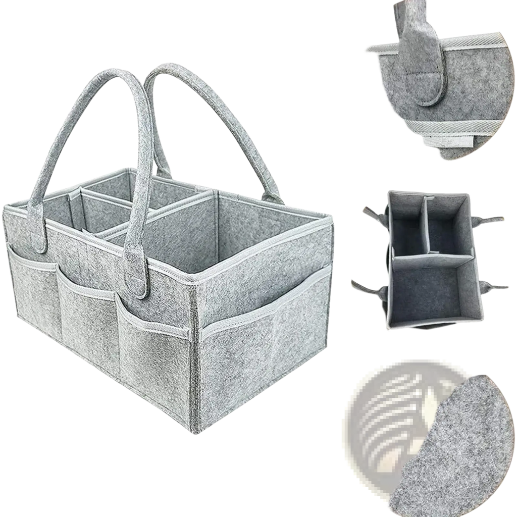 Gray felt diaper caddy organizer tote bag with dual handles and multiple compartments for easy storage and transport