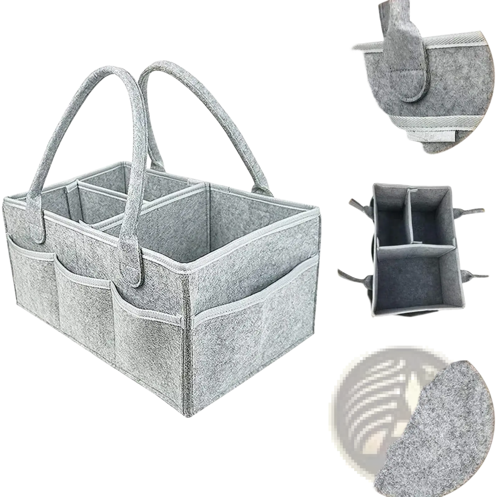 Gray felt diaper caddy organizer tote bag with dual handles and multiple compartments for easy storage and transport