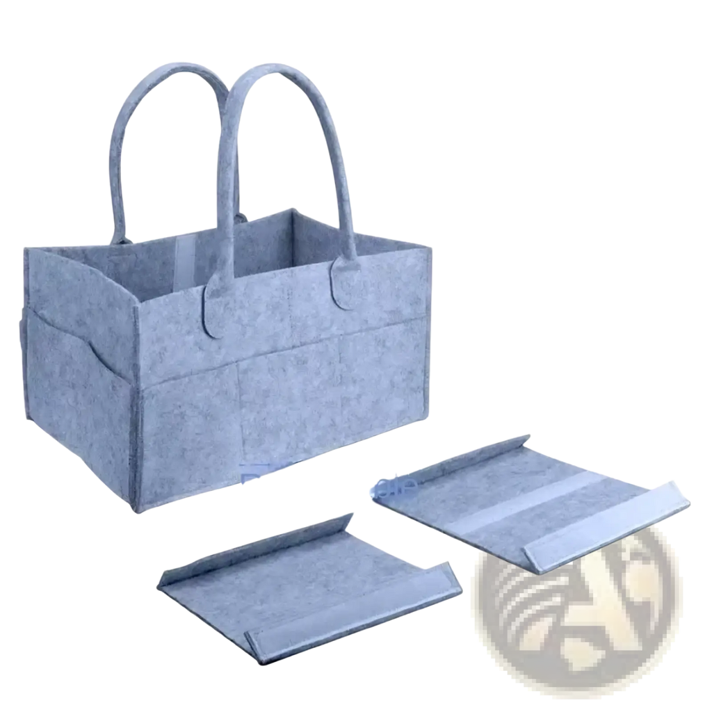 Gray felt diaper caddy organizer tote bag with two handles and removable trays for convenient storage and portability