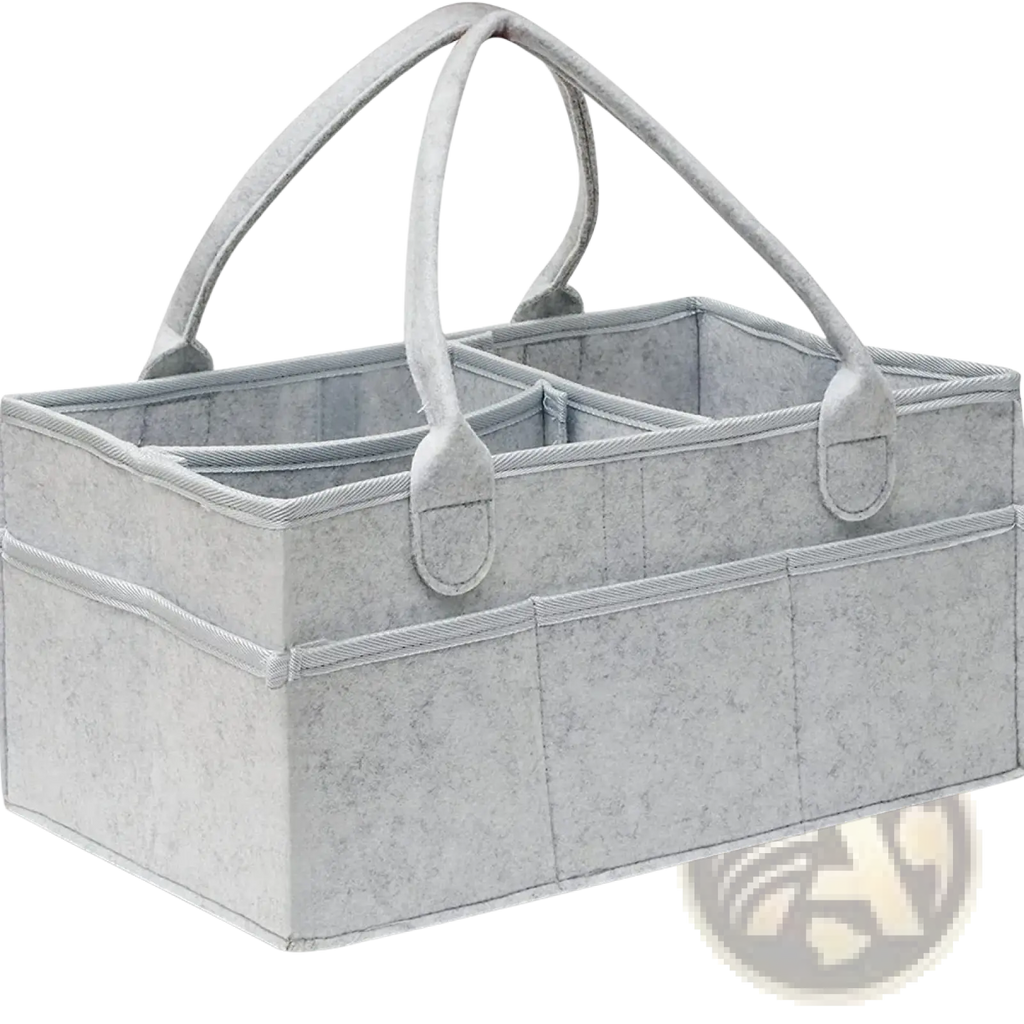 Gray felt diaper caddy organizer tote bag with two arched handles and multiple compartments for storage