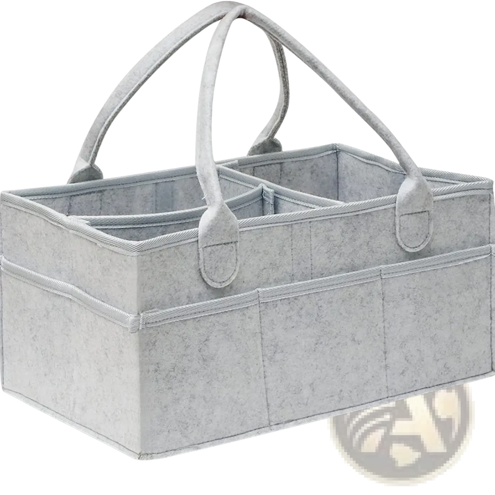 Gray felt diaper caddy organizer tote bag with two arched handles and multiple compartments for storage
