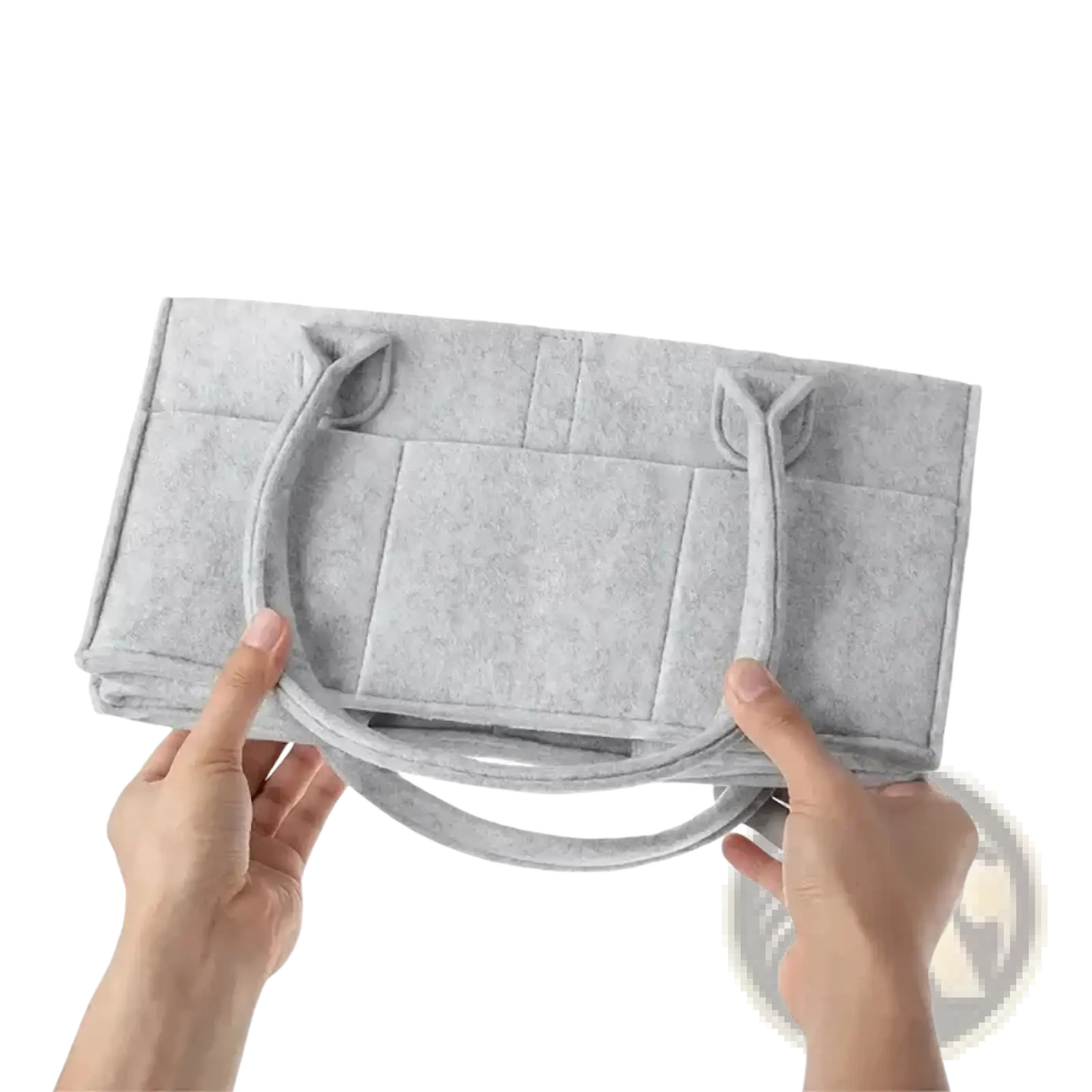 Gray felt diaper caddy organizer tote bag with two handles and a quilted design for easy storage and transport