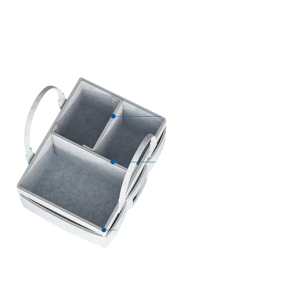 Gray felt diaper caddy organizer tote with three compartments white handle and soft interior lining