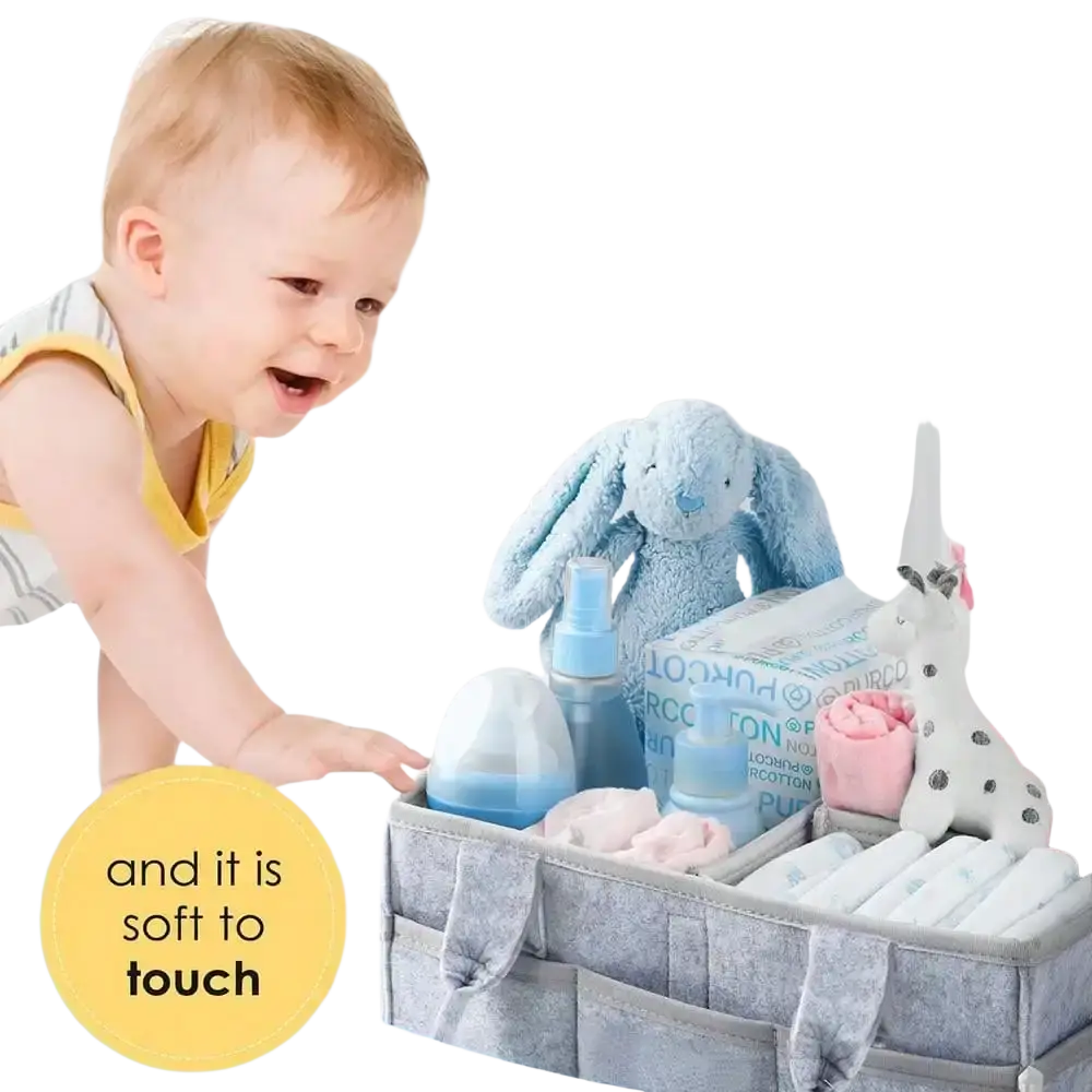 Gray felt diaper caddy organizer tote made of soft-touch fabric with multiple compartments for efficient storage