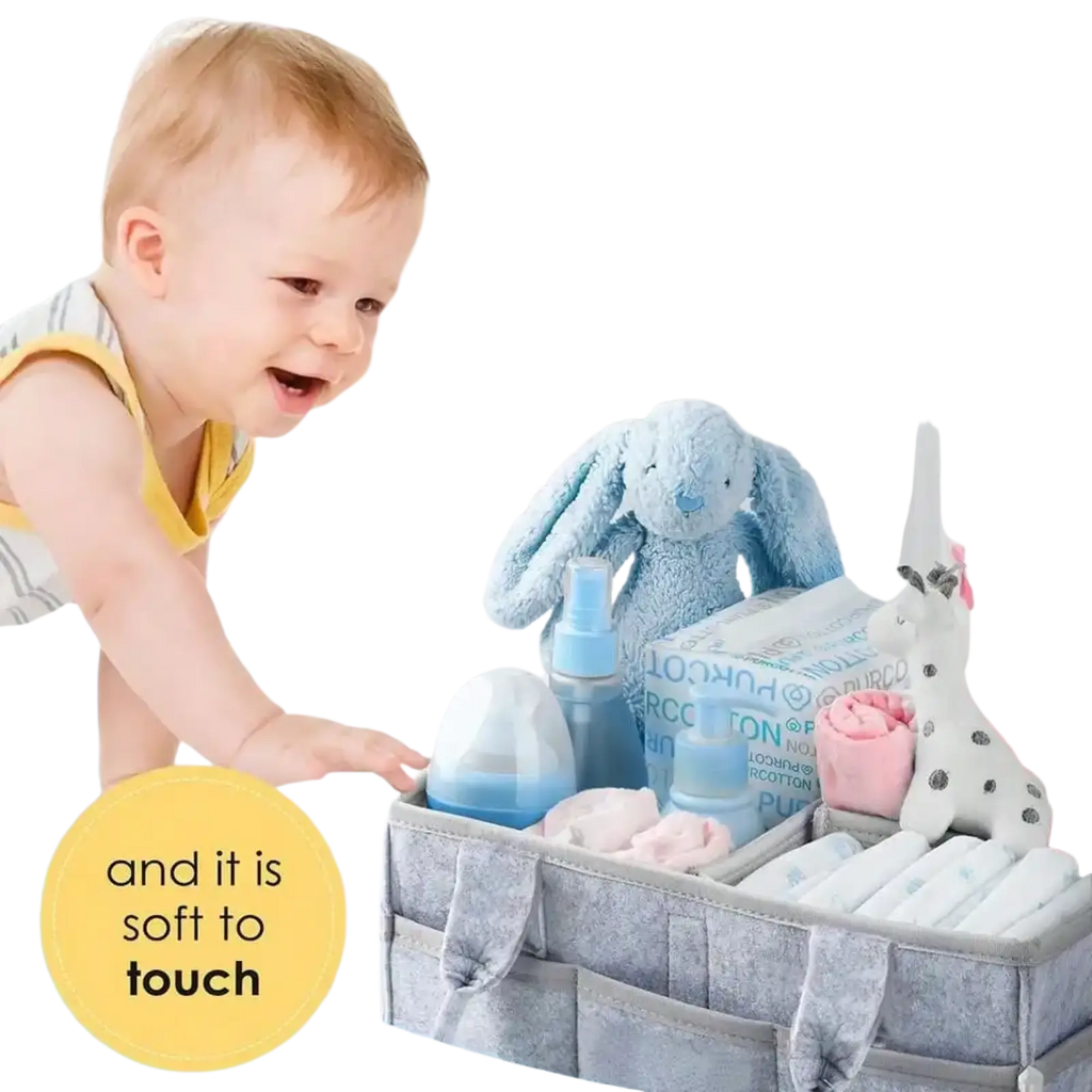 Gray felt diaper caddy organizer tote made of soft-touch fabric with multiple compartments for efficient storage